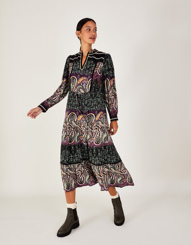 Paisley Print Embroidered Dress in LENZING™ ECOVERO™  Black, Black (BLACK), large