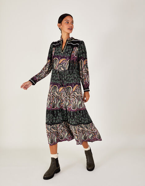 Paisley Print Embroidered Dress in LENZING™ ECOVERO™  Black, Black (BLACK), large