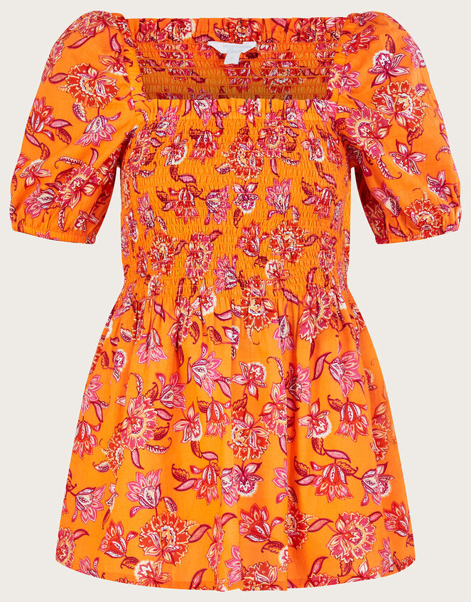 Floral Print Shirred Bodice Top in Sustainable Cotton, Orange (ORANGE), large