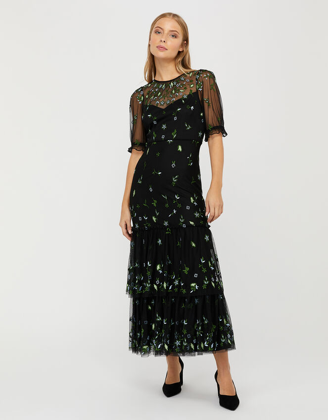 Lisbet Sustainable Embroidered Tiered Maxi Dress, Black (BLACK), large