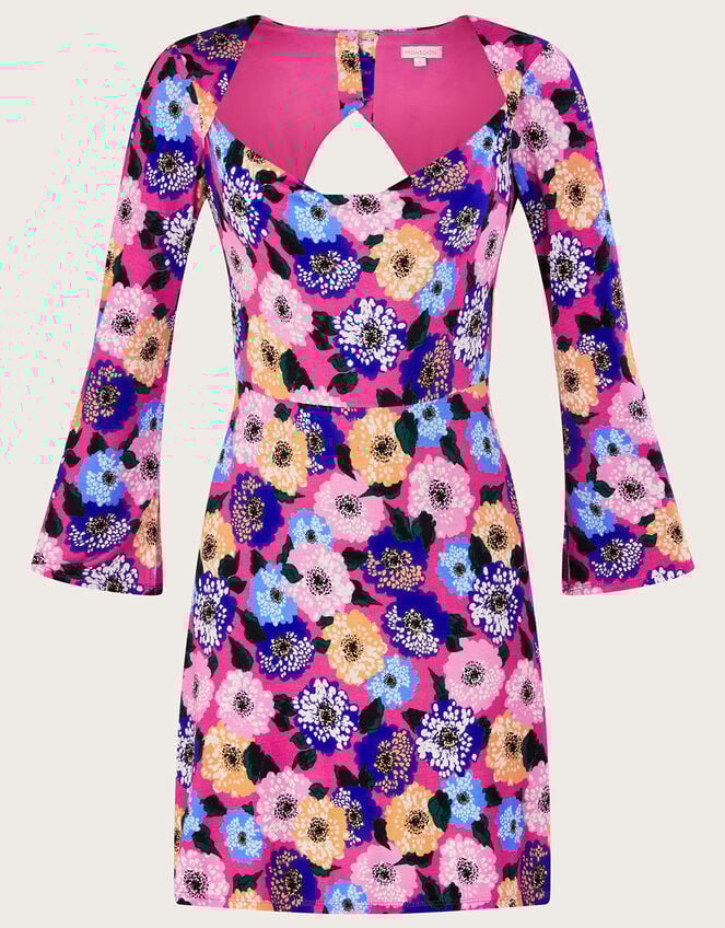 Cowl Neck Printed Short Jersey Dress, Pink (PINK), large