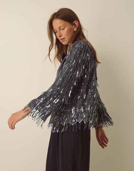 Sabia Velvet Bow Sequin Jacket, Dark Silver (GUNMETAL), large
