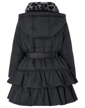 Black Frill Padded Coat with Detachable Faux Fur Collar, Black (BLACK), large