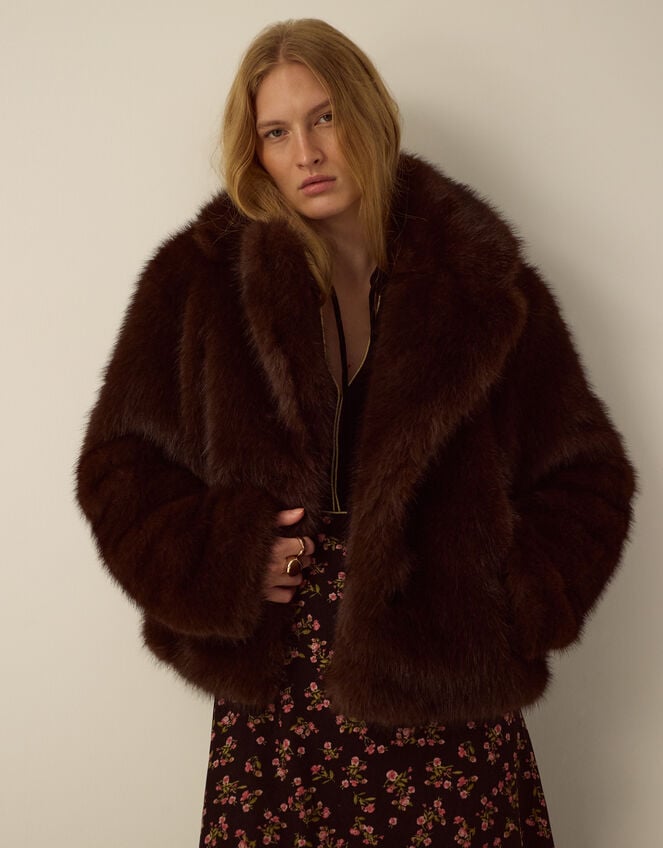 Monsoon x Queens of Archive Betty Short Faux Fur Coat​, Brown (BROWN), large
