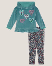 Embellished Velour Hoodie & Floral Leggings Set, Green (GREEN), large