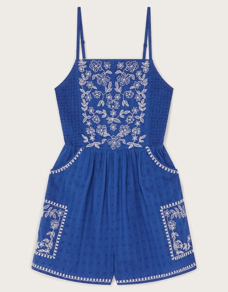 Floral Embroidered Strappy Playsuit, Blue (BLUE), large