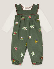 Long Sleeve Top & Floral Corduroy Dungarees Set, Green (GREEN), large