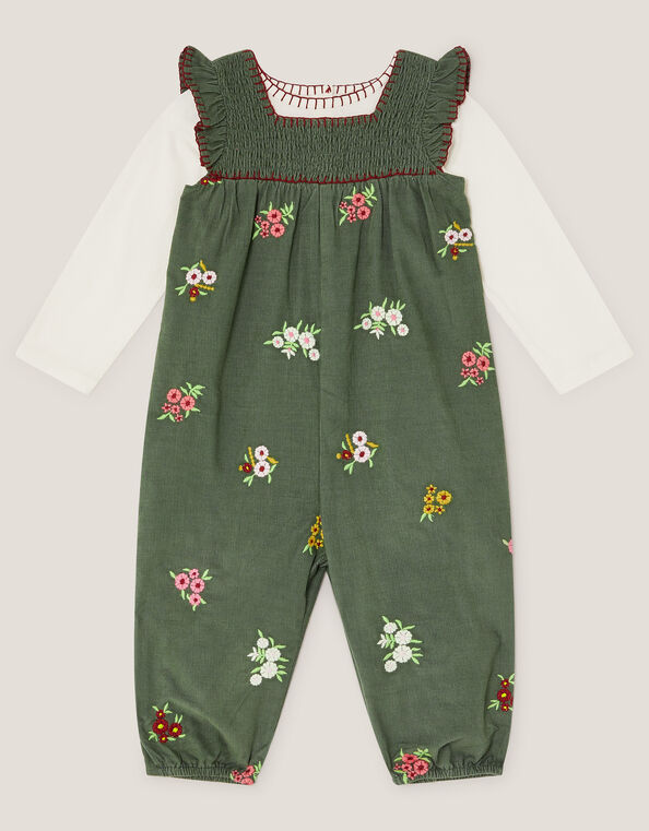 Long Sleeve Top & Floral Corduroy Dungarees Set, Green (GREEN), large