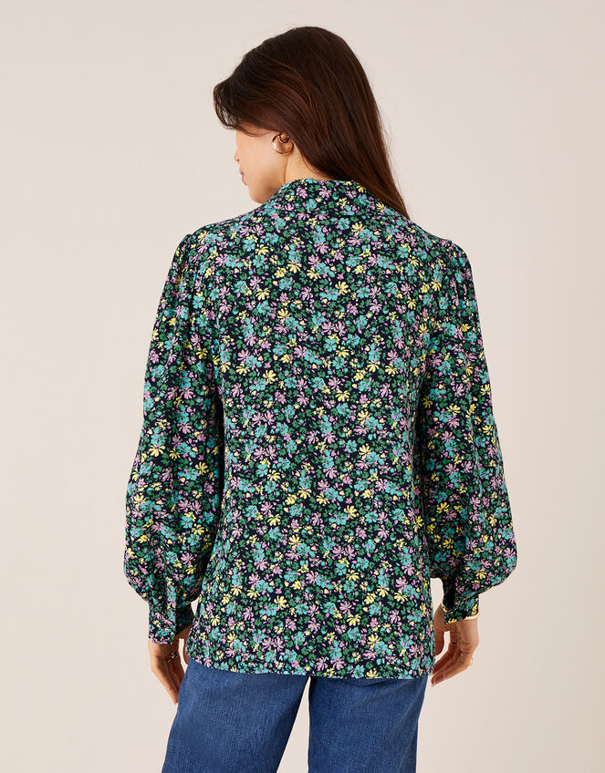 Ditsy Floral Print Collar Top, Blue (NAVY), large