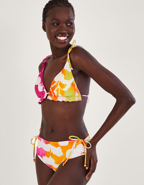 Abstract Print Ruched Bikini Bottoms with Recycled Polyester, Pink (PINK), large