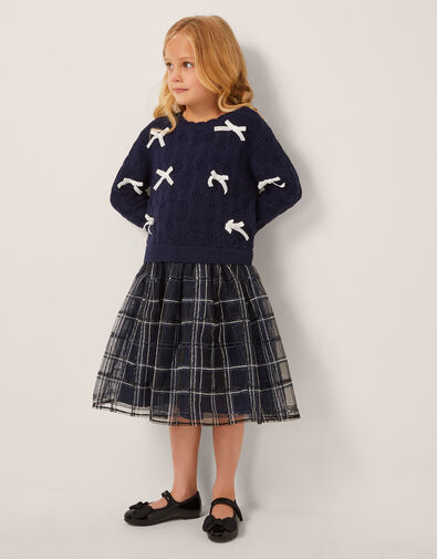 Bow Knit 2-in-1 Check Dress, Blue (NAVY), large