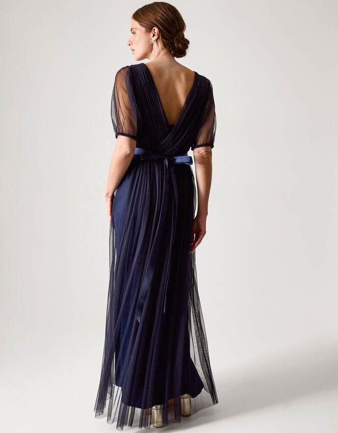 Ellie Sheer Sleeve Plunge Tulle Maxi Dress, Blue (NAVY), large