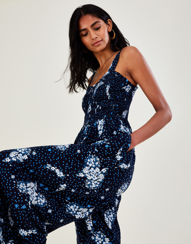 Paisley Print Shirred Jumpsuit in LENZING™ ECOVERO™, Blue (NAVY), large