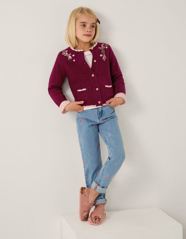 Floral Embroidered Cardigan, Red (BURGUNDY), large