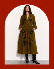 East Floral Embroidered Corduroy Maxi Dress, Green (GREEN), large