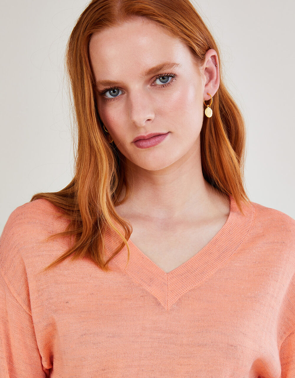 VNeck Sweater in Linen Blend Orange Sweaters Monsoon US.