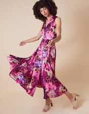 Crystal Animal Sleeveless Satin Dress, Pink (PINK), large