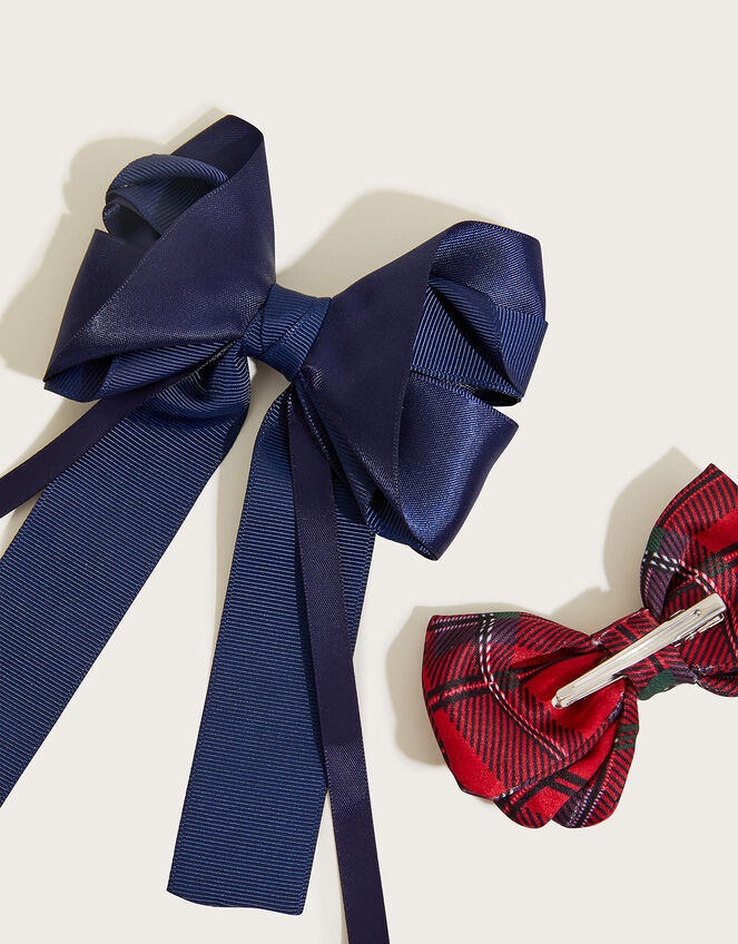 Tartan Print Large Bow Hair Clips, , large