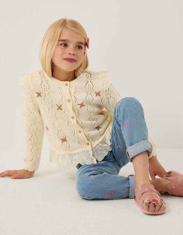 Embroidered Frill Pointelle Cardigan, Ivory (IVORY), large