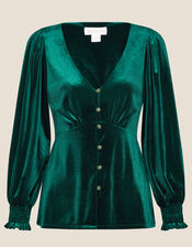 Gracie Button Through Velvet Blouse, Green (GREEN), large
