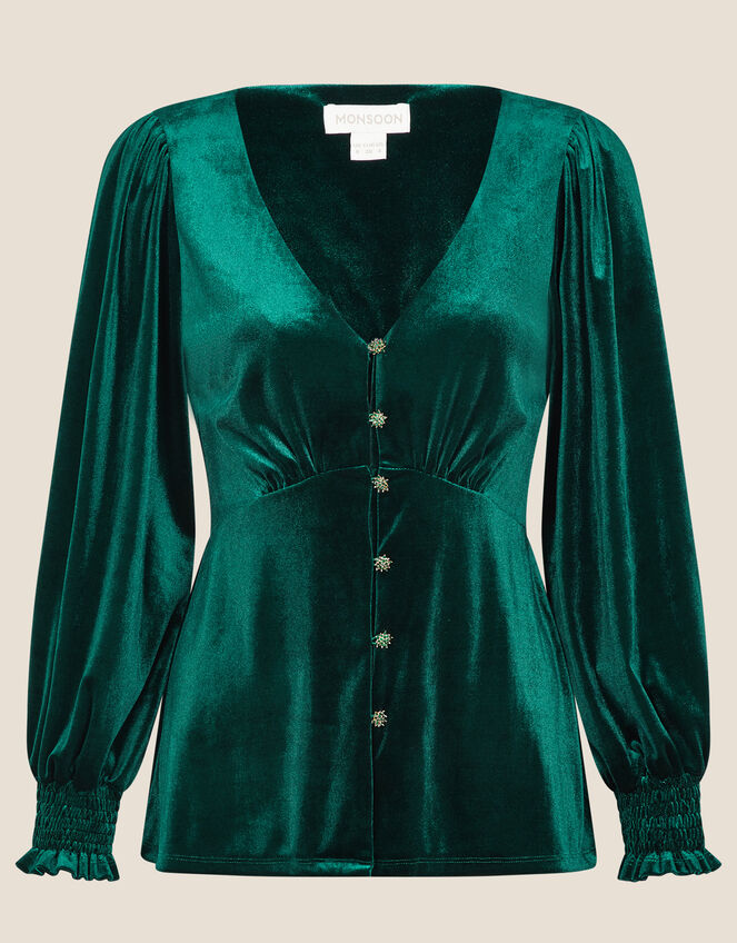 Gracie Button Through Velvet Blouse, Green (GREEN), large