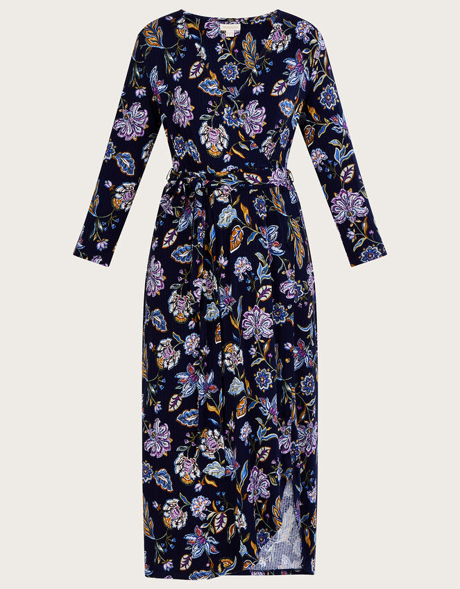 Ribbed Jersey Floral Wrap Dress, Blue (NAVY), large