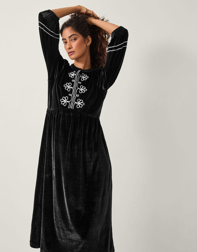 Venus Embroidered Velvet Midi Dress, Black (BLACK), large