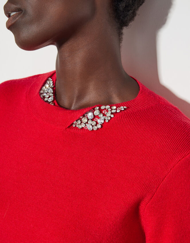 Eva Embellished Neck Jumper, Red (RED), large