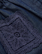 Wide Leg Chambray Crochet Pants, Blue (BLUE), large