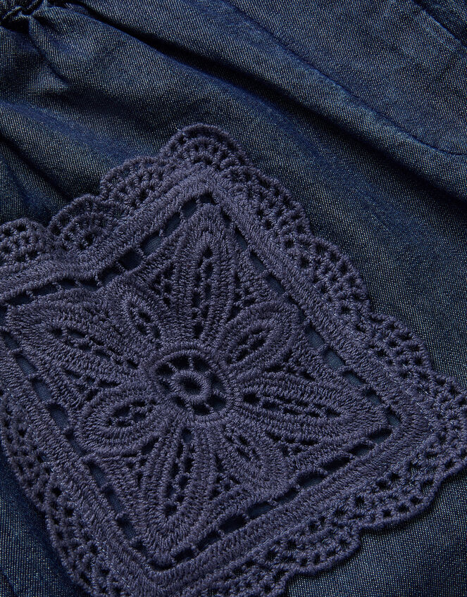 Wide Leg Chambray Crochet Pants, Blue (BLUE), large