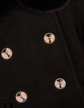 Faux Fur Collar Double-Breasted Coat, Black (BLACK), large