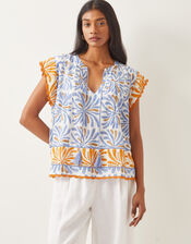 Cece Woodblock Print Top, Blue (BLUE), large