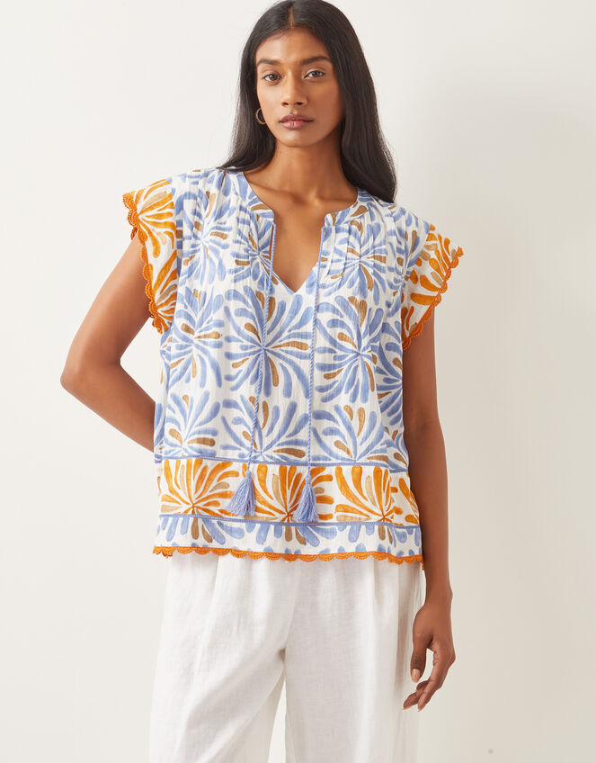 Cece Woodblock Print Top, Blue (BLUE), large