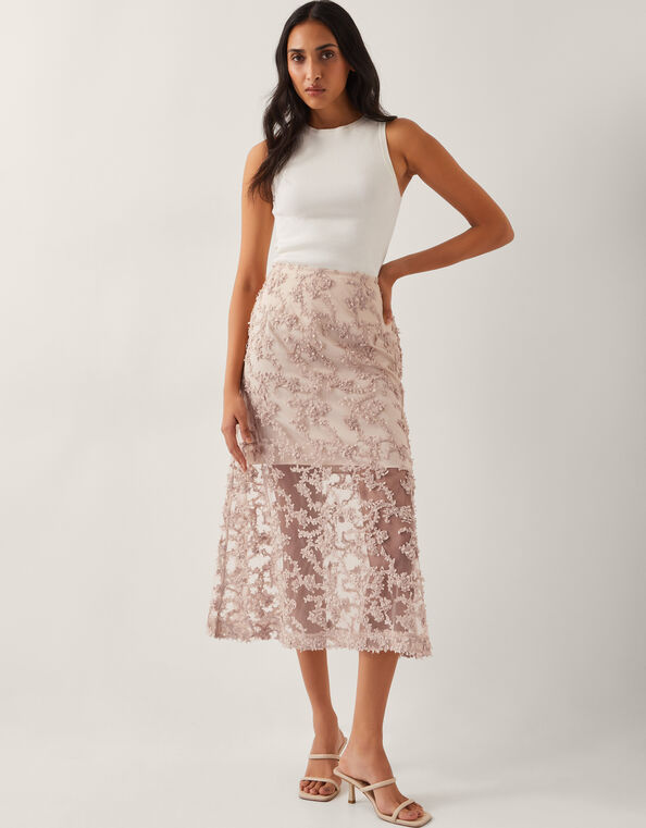 Alanna Sheer Appliqué Midi Skirt, Nude (NUDE), large