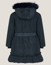 Frill Bow Hooded Coat, Blue (NAVY), large