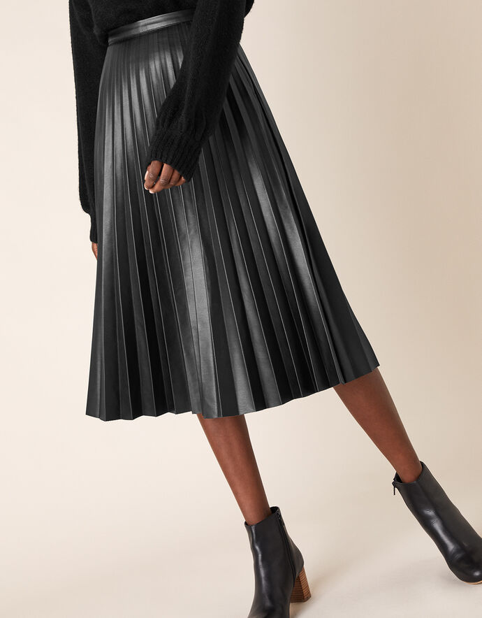 Pleated Leather-Look Midi Skirt Black