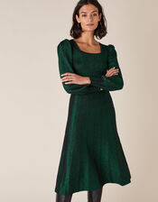 Square Neck Metallic Knit Dress, Green (GREEN), large