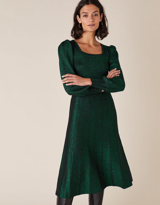 Square Neck Metallic Knit Dress, Green (GREEN), large