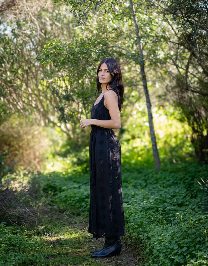 Lyrical Sisters Sleeveless Broderie Maxi Dress, Black (BLACK), large