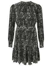 Printed Jersey Plisse Tiered Short Dress, Black (BLACK), large