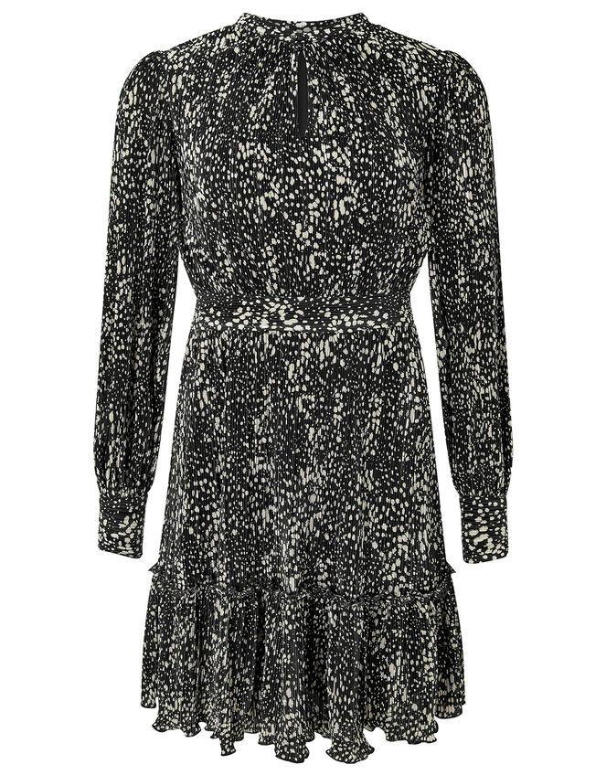 Printed Jersey Plisse Tiered Short Dress, Black (BLACK), large