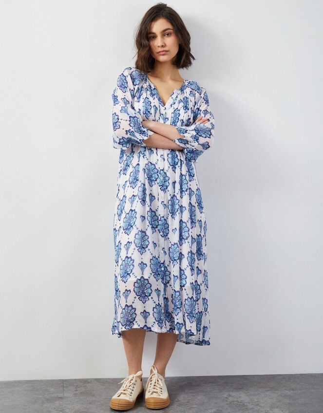 East Nadya Ornate Print Midi Dress, Blue (BLUE), large