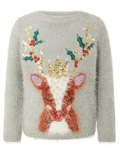 XMAS Sequin Reindeer Fluffy Knit Jumper, Grey (GREY), large