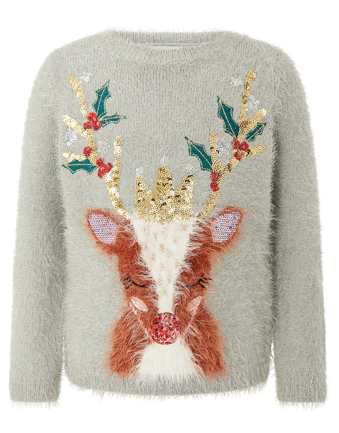 XMAS Sequin Reindeer Fluffy Knit Jumper, Grey (GREY), large