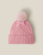 Pearl Cable Knit Bobble Hat, Pink (PINK), large