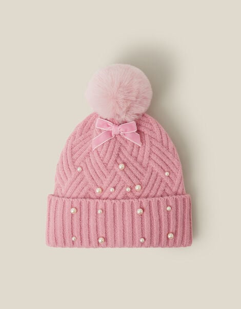 Pearl Cable Knit Bobble Hat, Pink (PINK), large