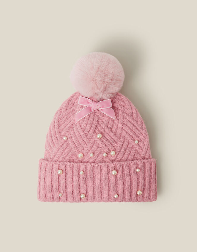 Pearl Cable Knit Bobble Hat, Pink (PINK), large