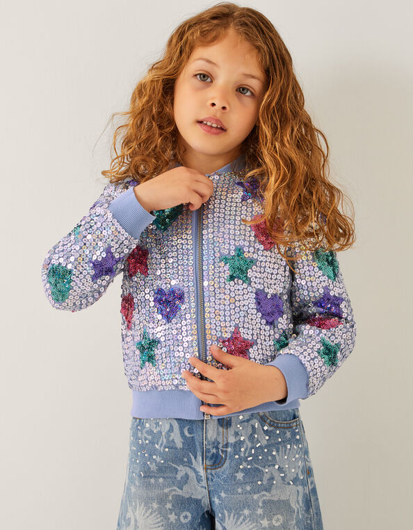 Star & Heart Sequin Bomber Jacket, Blue (BLUE), large