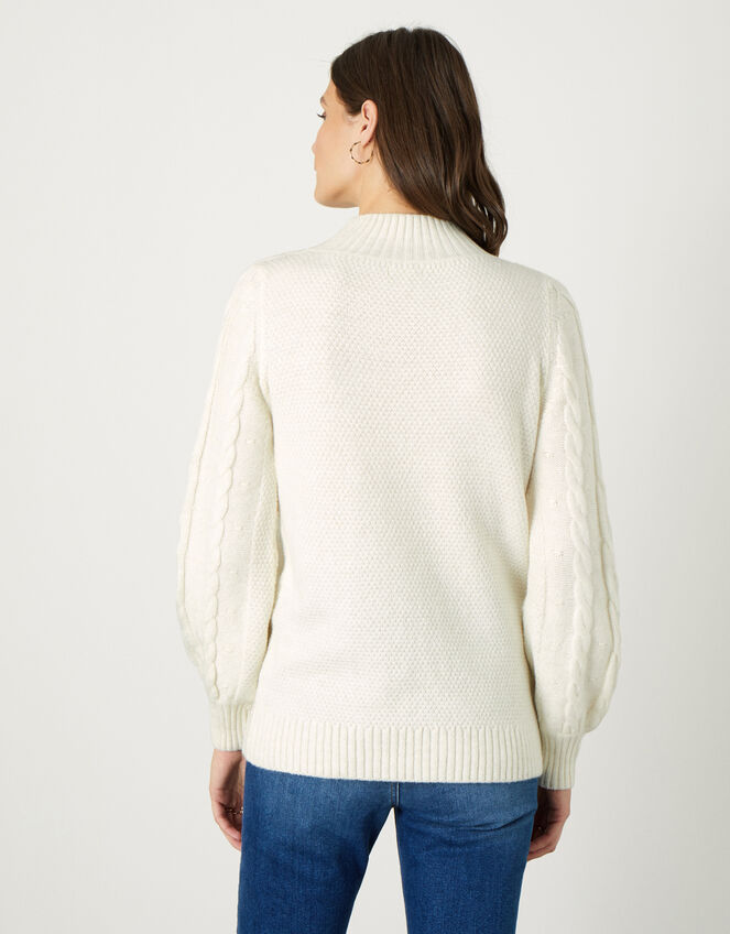 Cable Knit Bobble Fringe Jumper, Ivory (IVORY), large