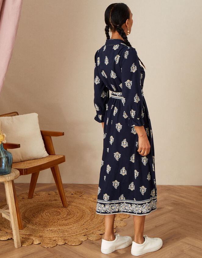Border Print Shirt Dress , Blue (NAVY), large